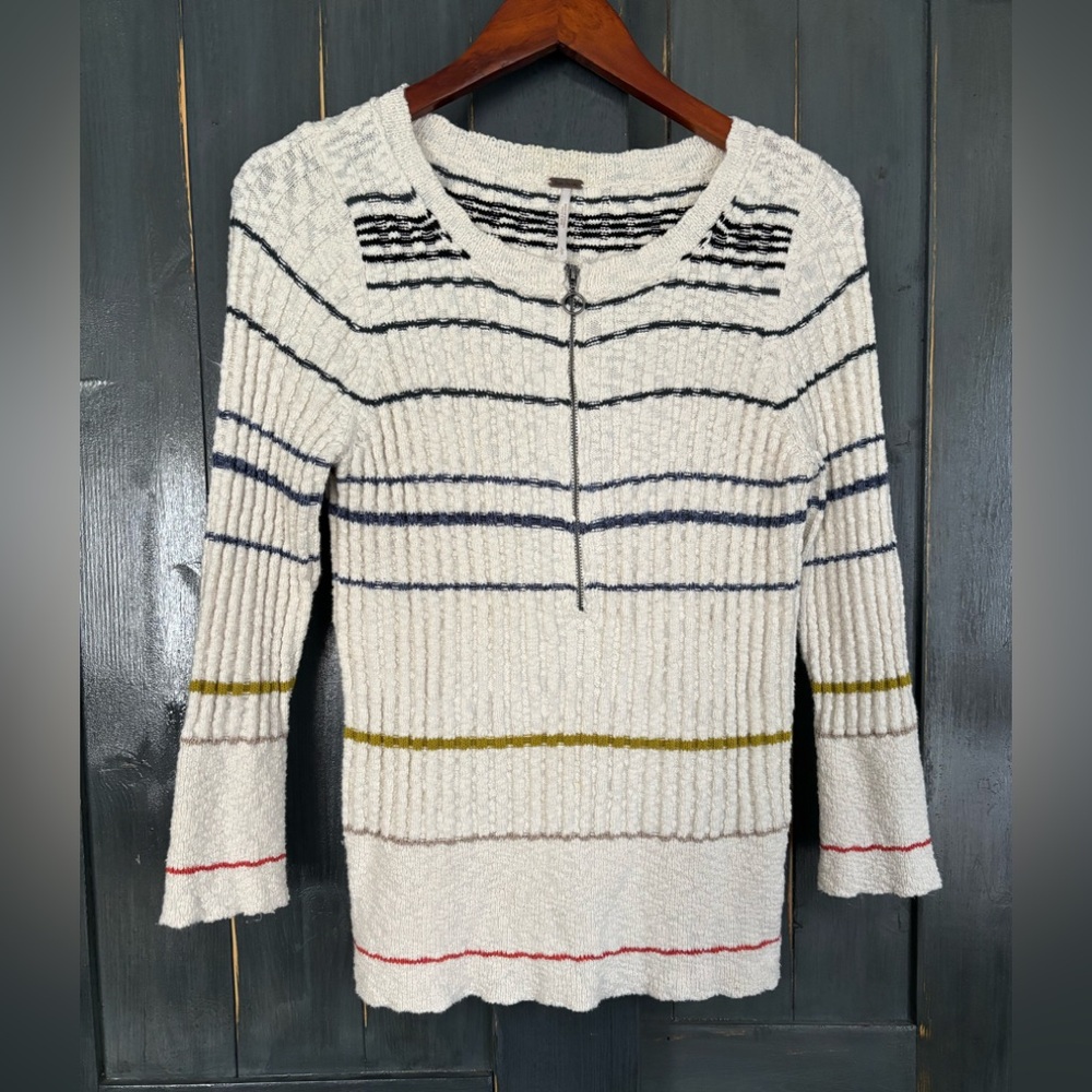Free People multi colored STRIPED Henley ROSSI Ribbed Sweater Sz L - Picture 3 of 9